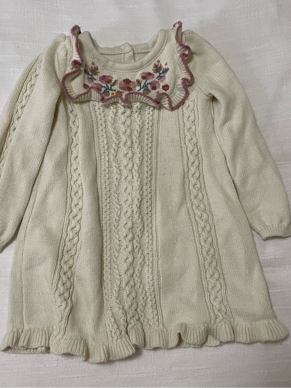 Cream Knit Girls' Dress with Floral Embroidered Collar Winter/Fall